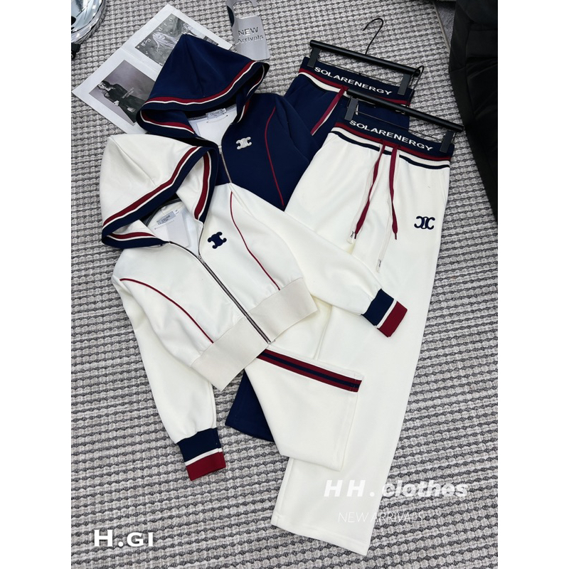 Sét umi mềm thể thao áo mũ khóa bo tay + quần suông cạp chun chữ viền