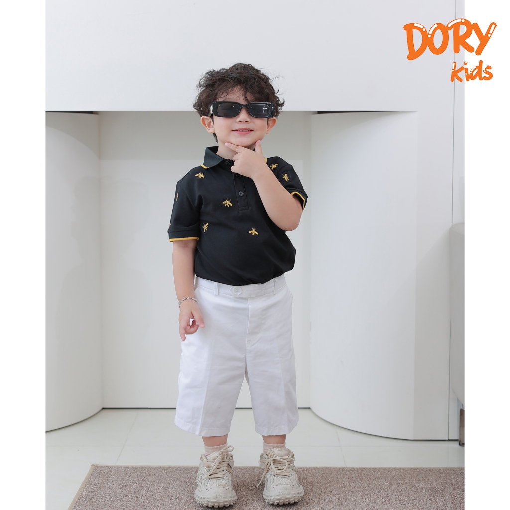 Áo polo ngắn tay limited  DORYKIDS thiết kế cổ bẻ màu xanh đen thêu con ong năng động cho bé trai bé gái PL10