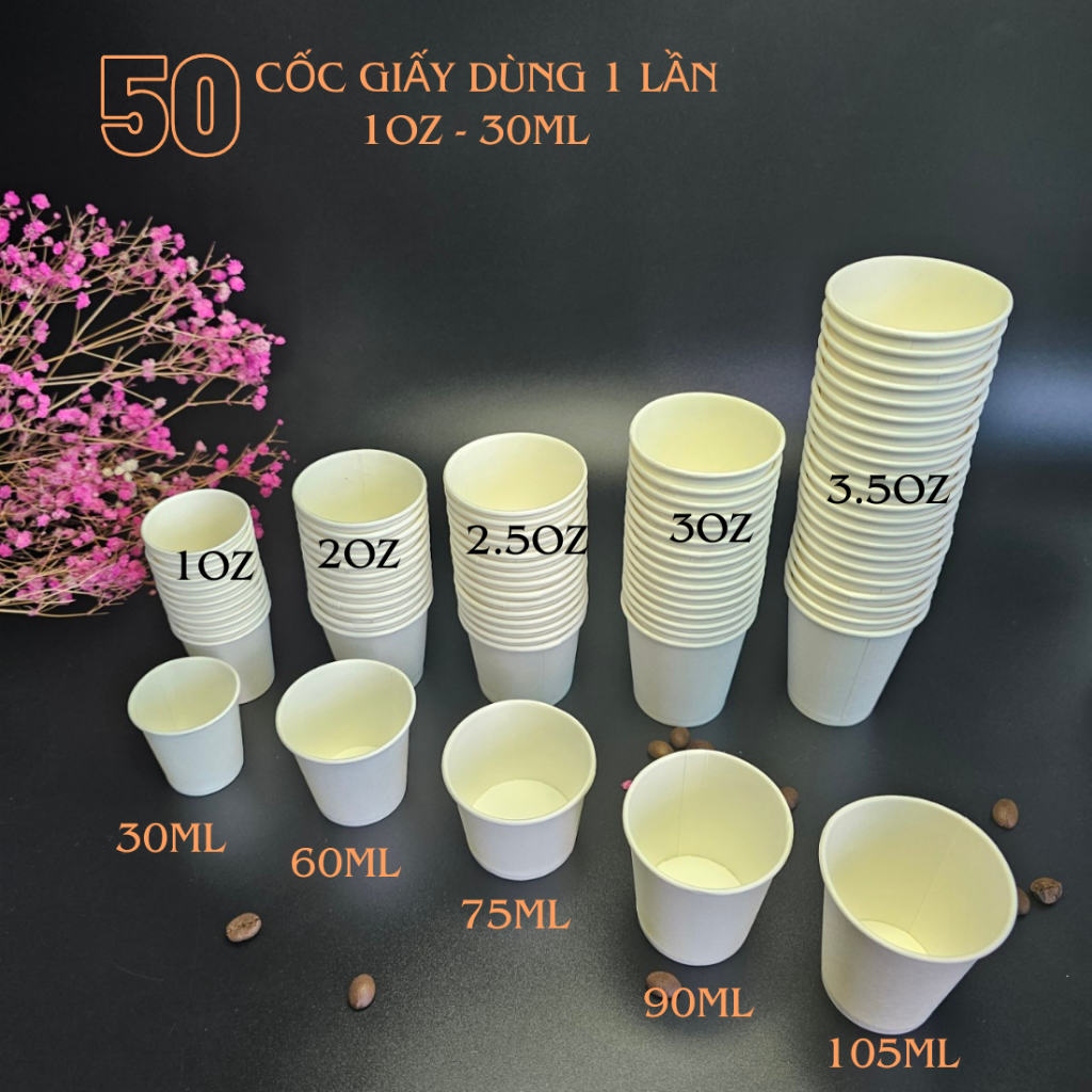 Combo 50 Cốc giấy size nhỏ 1 OZ, 2OZ , 2,5OZ, 3OZ, 3,5OZ 4,5OZ , ly giấy dùng 1 lần thân thiện với môi trường.