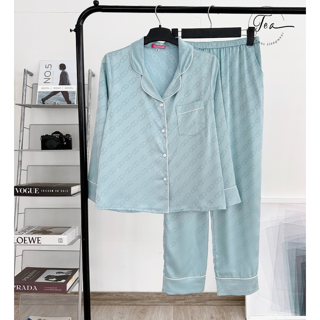 Bộ mặc nhà Pyjama lụa gấm cao cấp Tea Store tay dài quần dài họa tiết xích