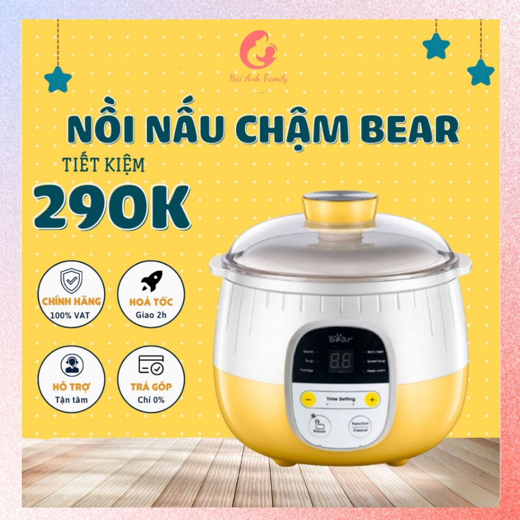 Nồi nấu cháo chậm Bear 0,8L bản tiếng việt có lồng hấp bảo hành 18 tháng