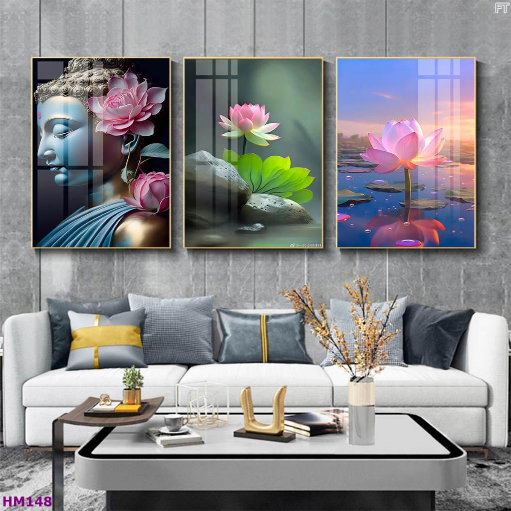 Tranh hoa sen súng bộ 3 tấm 5D treo tường tráng gương nhiều mẫu,treo không cần khoan đục