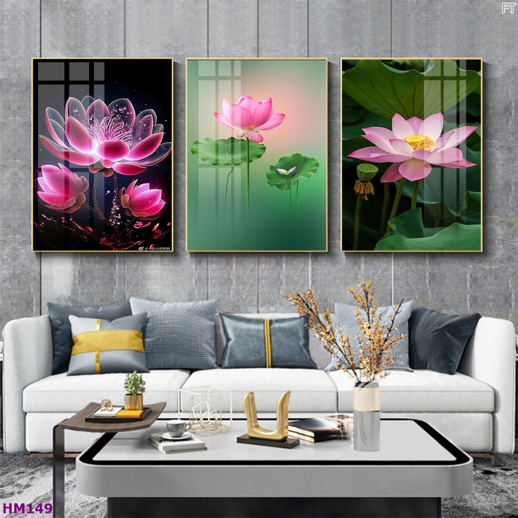 Tranh hoa sen súng bộ 3 tấm 5D treo tường tráng gương nhiều mẫu,treo không cần khoan đục