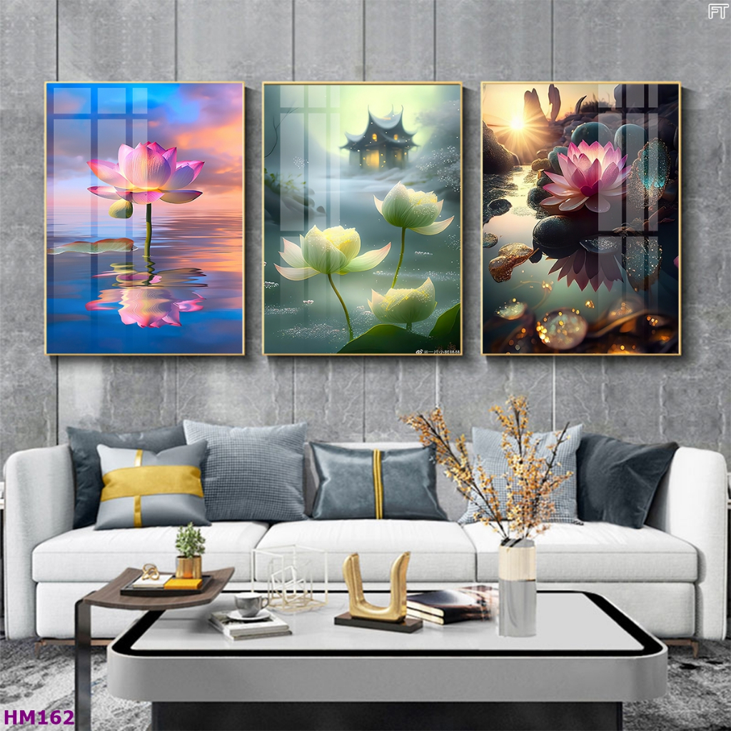 Tranh hoa sen súng bộ 3 tấm 5D treo tường tráng gương nhiều mẫu,treo không cần khoan đục