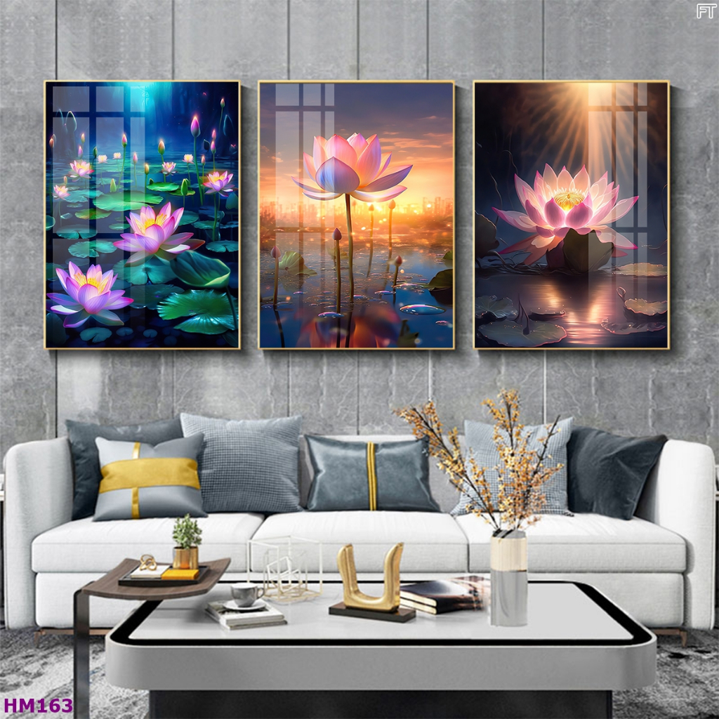 Tranh hoa sen súng bộ 3 tấm 5D treo tường tráng gương nhiều mẫu,treo không cần khoan đục