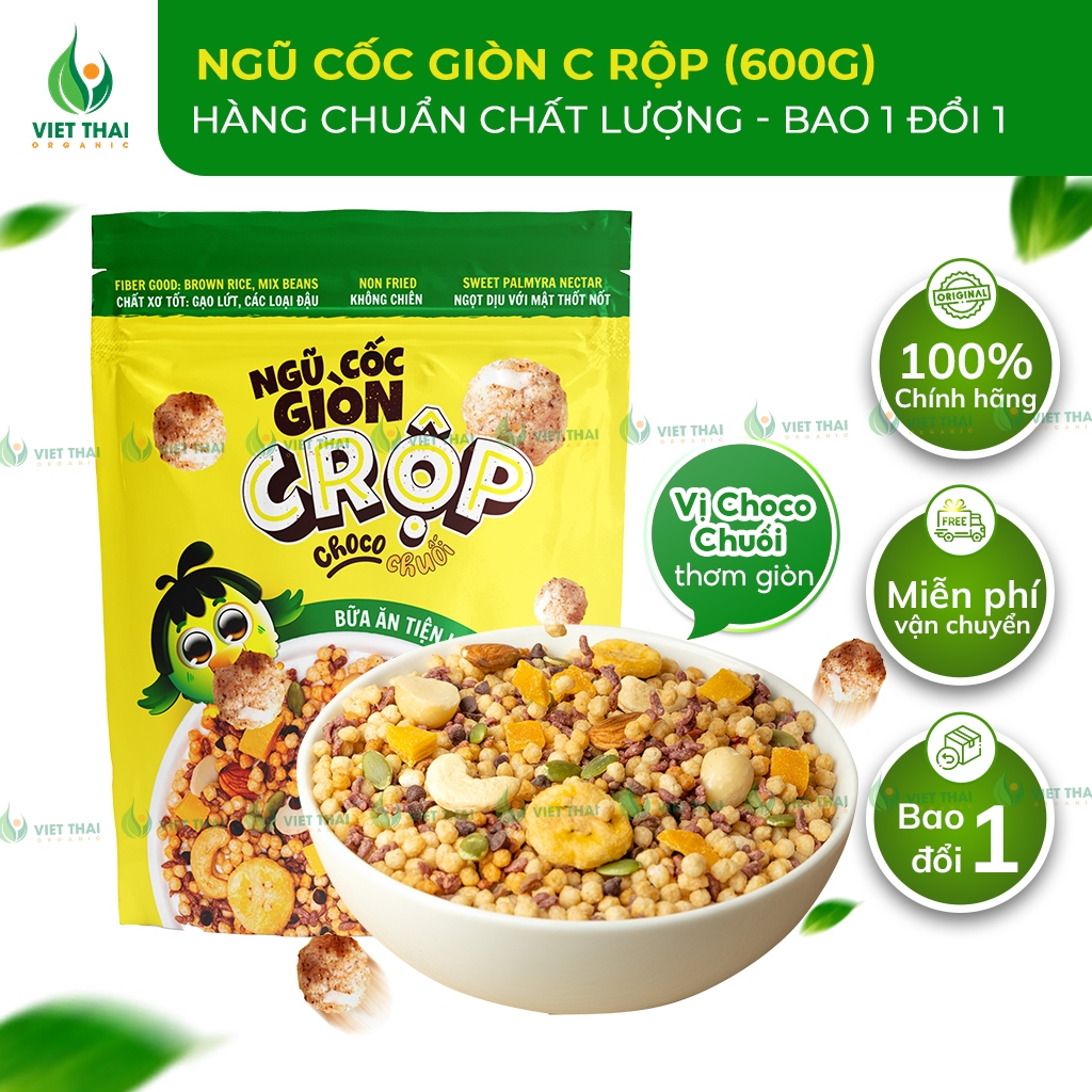 Ngũ Cốc Giòn Rộp Vị Choco Chuối Granola Gạo Lứt Ăn Sáng Ít Đường Ăn Kiêng Giảm Cân 600G Việt Thái Organic