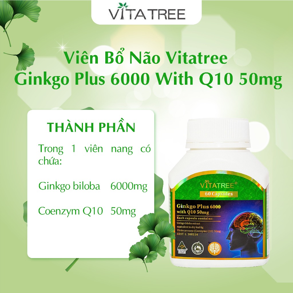 Bổ não Vitatree Ginkgo Plus 6000 With Q10 50mg 60 viên giúp tăng cường tuần hoàn não, cải thiện trí nhớ, giảm căng thẳng