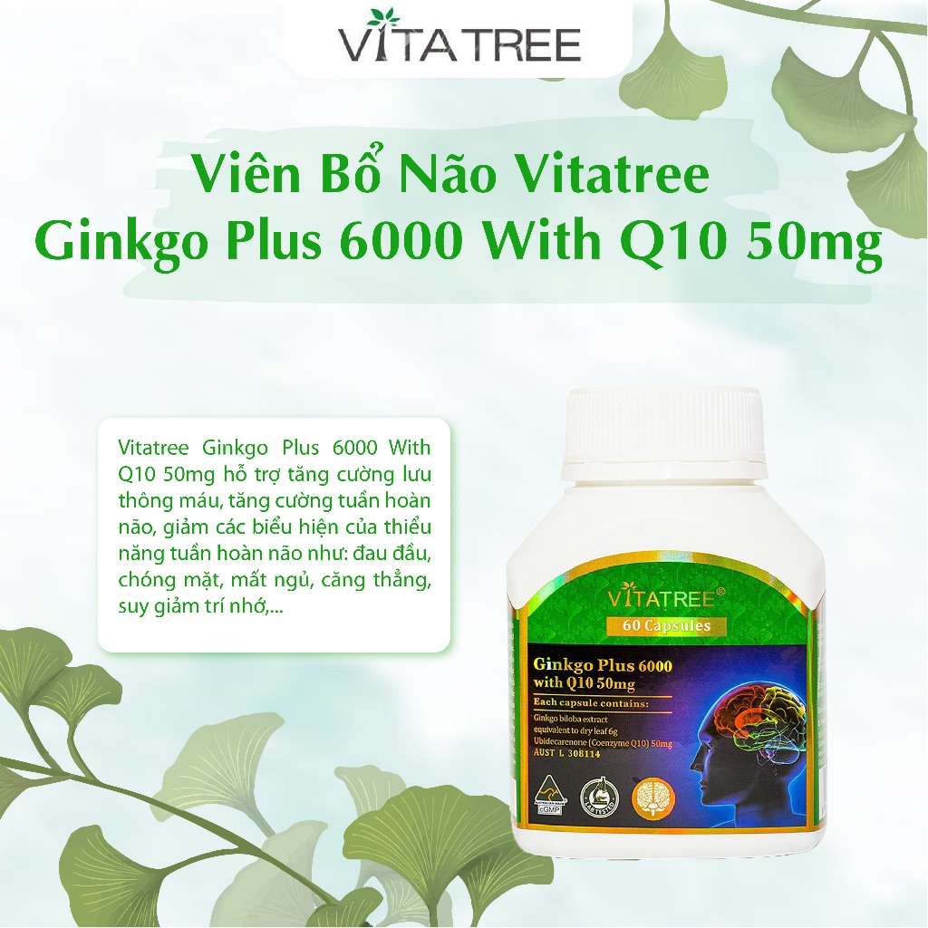 Bổ não Vitatree Ginkgo Plus 6000 With Q10 50mg 60 viên giúp tăng cường tuần hoàn não, cải thiện trí nhớ, giảm căng thẳng