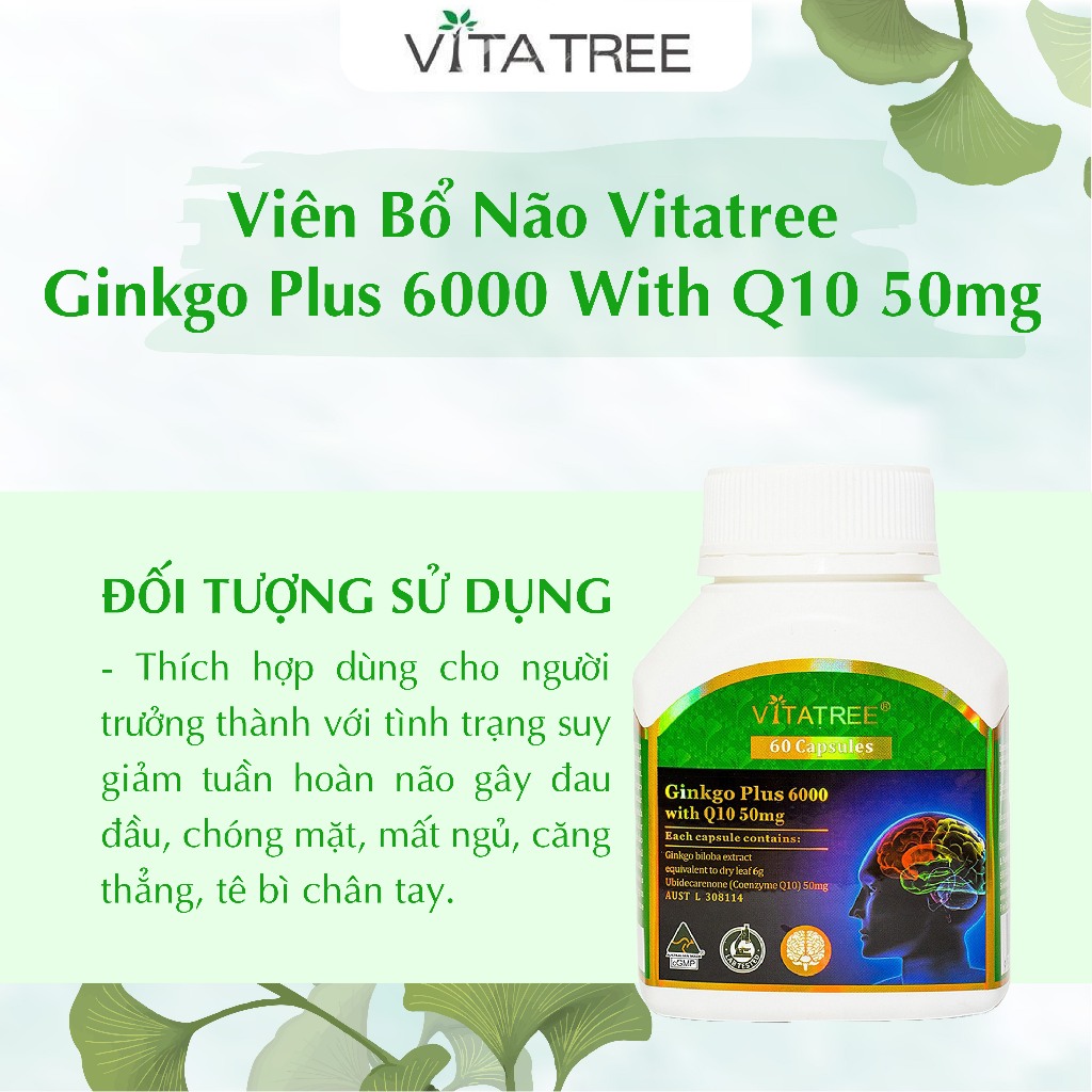 Bổ não Vitatree Ginkgo Plus 6000 With Q10 50mg 60 viên giúp tăng cường tuần hoàn não, cải thiện trí nhớ, giảm căng thẳng