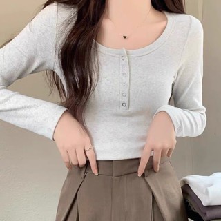 Áo Thun Tay Dài Cổ Tròn Cài Nút Cực Xinh Phong Cách Hàn Quốc Freesize <52Kg A53