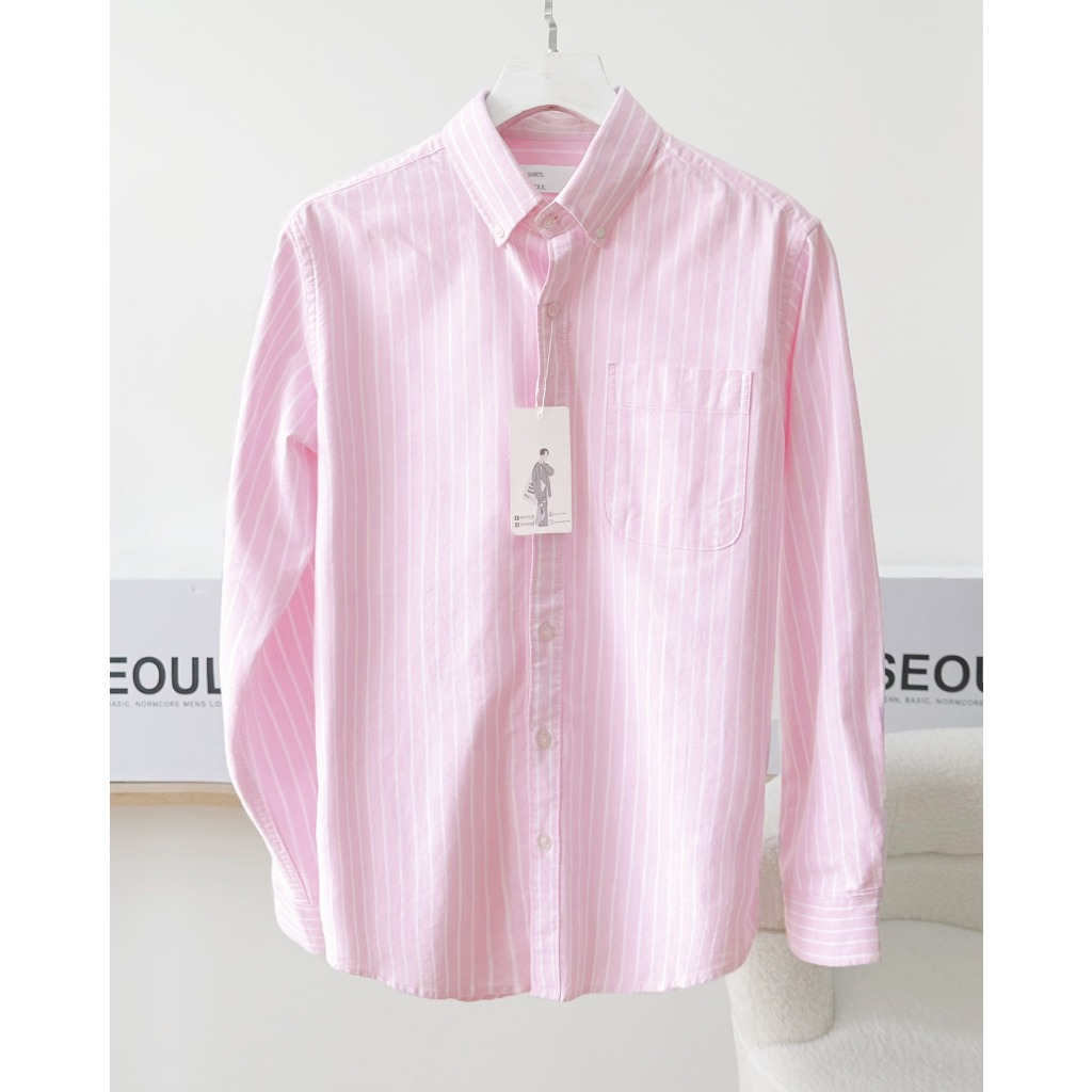 Áo sơ mi nam cao cấp phối sọc Stripes Pink Oxford Shirt dài tay cổ bẻ ,trẻ trung, thanh lịch - SEOUL