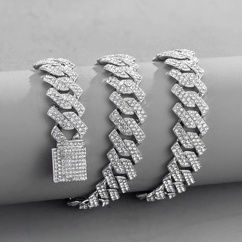 Dây chuyền đính đá nam nữ unisex Cuban Merin Accessories thời trang cá tính hiphop màu bạc 12mm đá nhân tạo - Cuban Đá