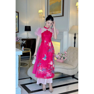 Áo dài cách tân mẹ và bé đính ngọc phối tay bồng chất liệu tơ organza -M60