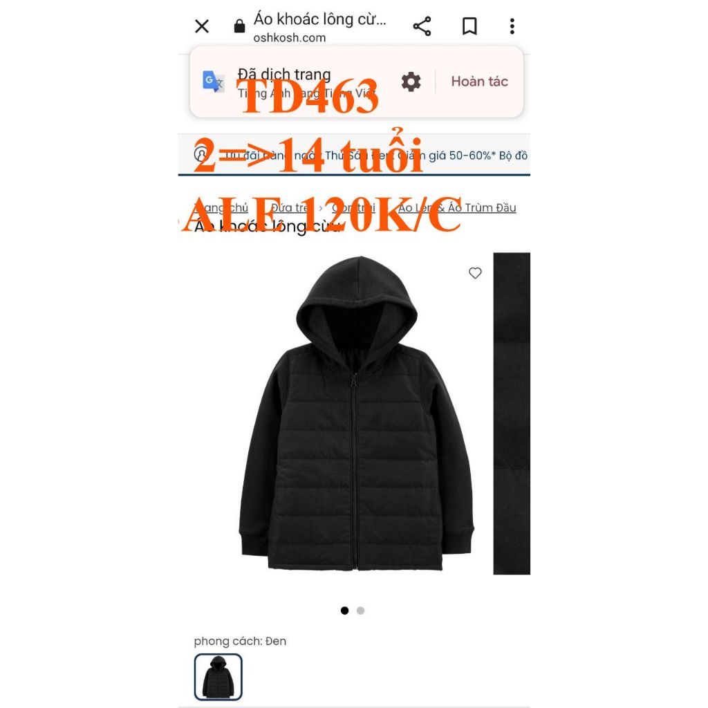 * Mã TD463: Áo khoác dư xịn, còn nguyên bọc, tem và thẻ bài.