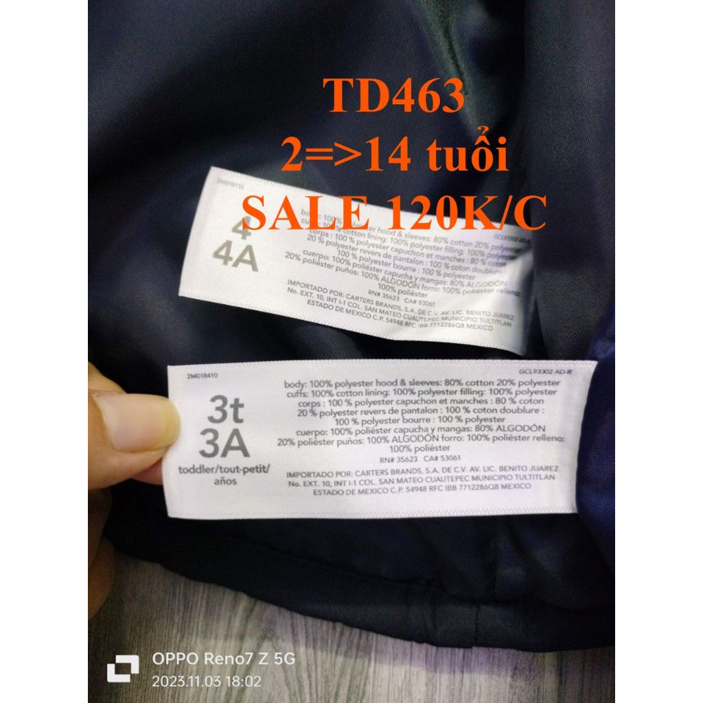 * Mã TD463: Áo khoác dư xịn, còn nguyên bọc, tem và thẻ bài.