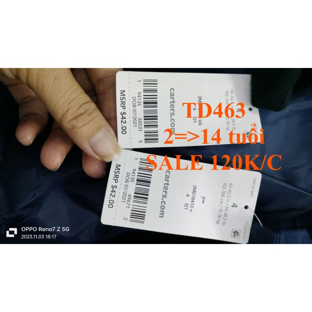 * Mã TD463: Áo khoác dư xịn, còn nguyên bọc, tem và thẻ bài.