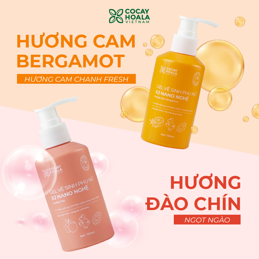 Dung dịch vệ sinh Phụ nữ Gel X2 Nano Nghệ Đào MỚI COCAYHOALA VIETNAM - Đào Chín Mềm Mại Lưu Hương 24h - 150ml/chai