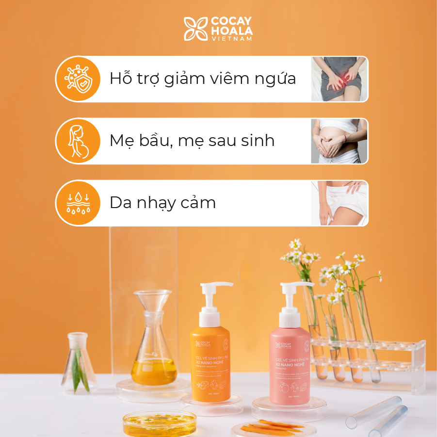 Dung dịch vệ sinh Phụ nữ Gel X2 Nano Nghệ Đào MỚI COCAYHOALA VIETNAM - Đào Chín Mềm Mại Lưu Hương 24h - 150ml/chai