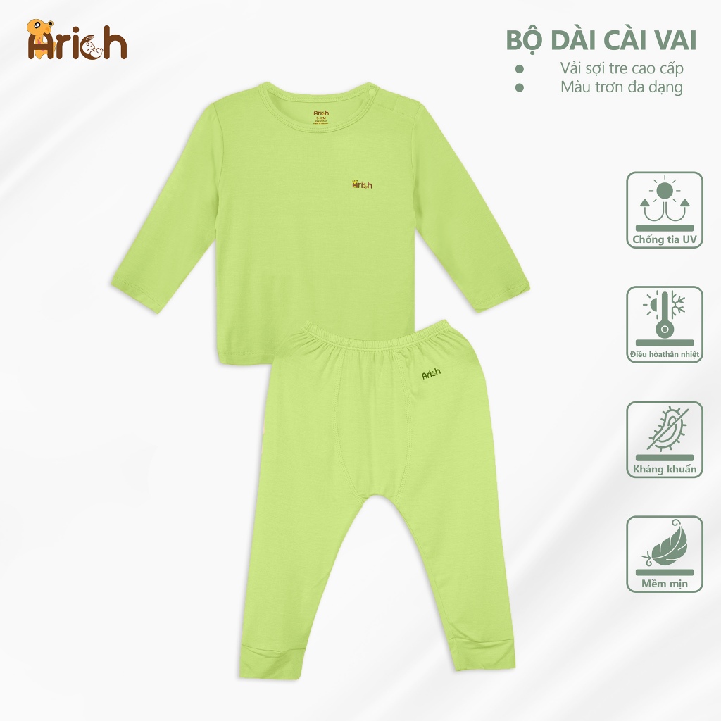 Bộ quần áo dài cài vai Arich vải sợi tre màu trơn từ 6 tháng đến 6 tuổi