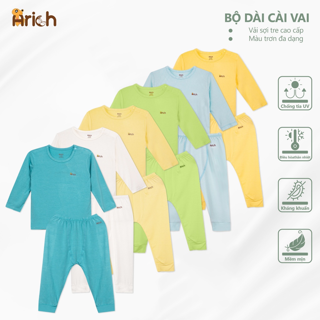 Bộ quần áo dài cài vai Arich vải sợi tre màu trơn từ 6 tháng đến 6 tuổi