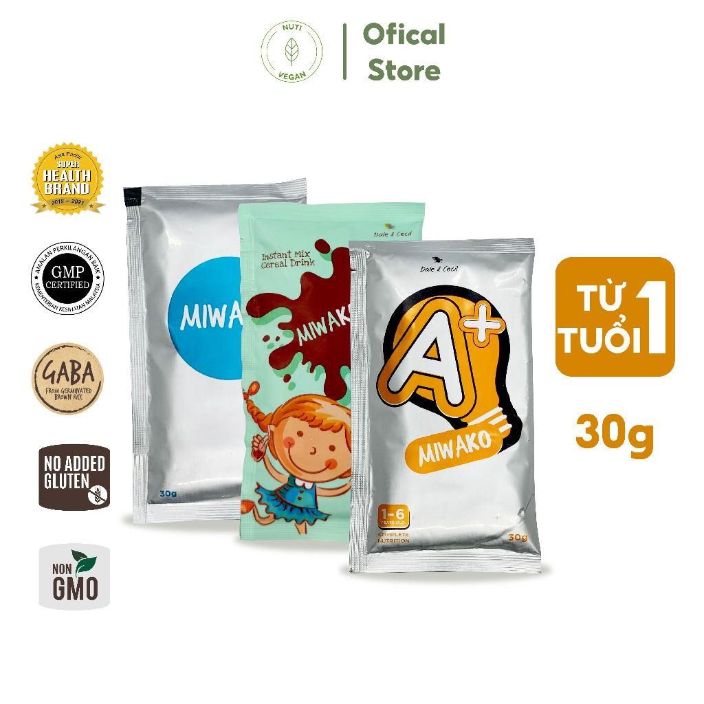 Sữa Công Thức Hạt Thực Vật Hữu Cơ Miwako A+ Vani, Miwako Gạo, Miwakoko Cacao Gói Dùng Thử 30g - Nutivegan