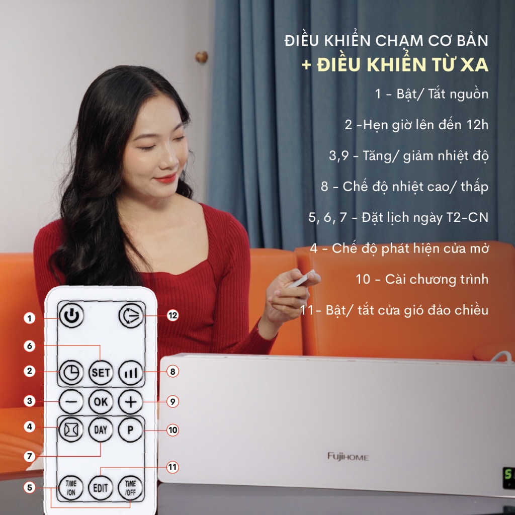 Quạt sưởi gốm điều hòa nhập khẩu FUJIHOME FHW4000 Làm ấm nhanh - Điều khiển từ xa màn led hiển thị - Tiết kiệm điện