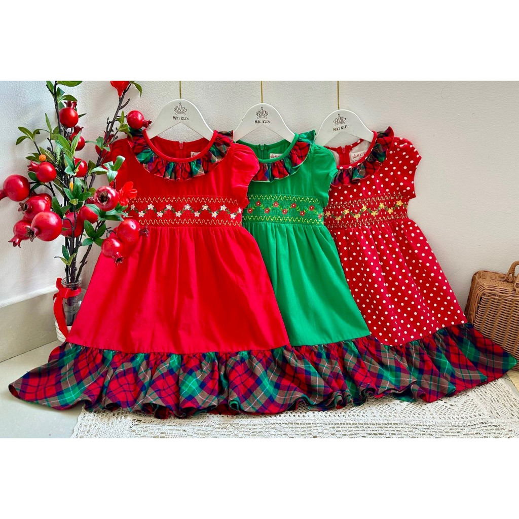 ĐẦM TAY PHỒNG THÊU SMOCKING + KÈM BĂNG ĐÔ