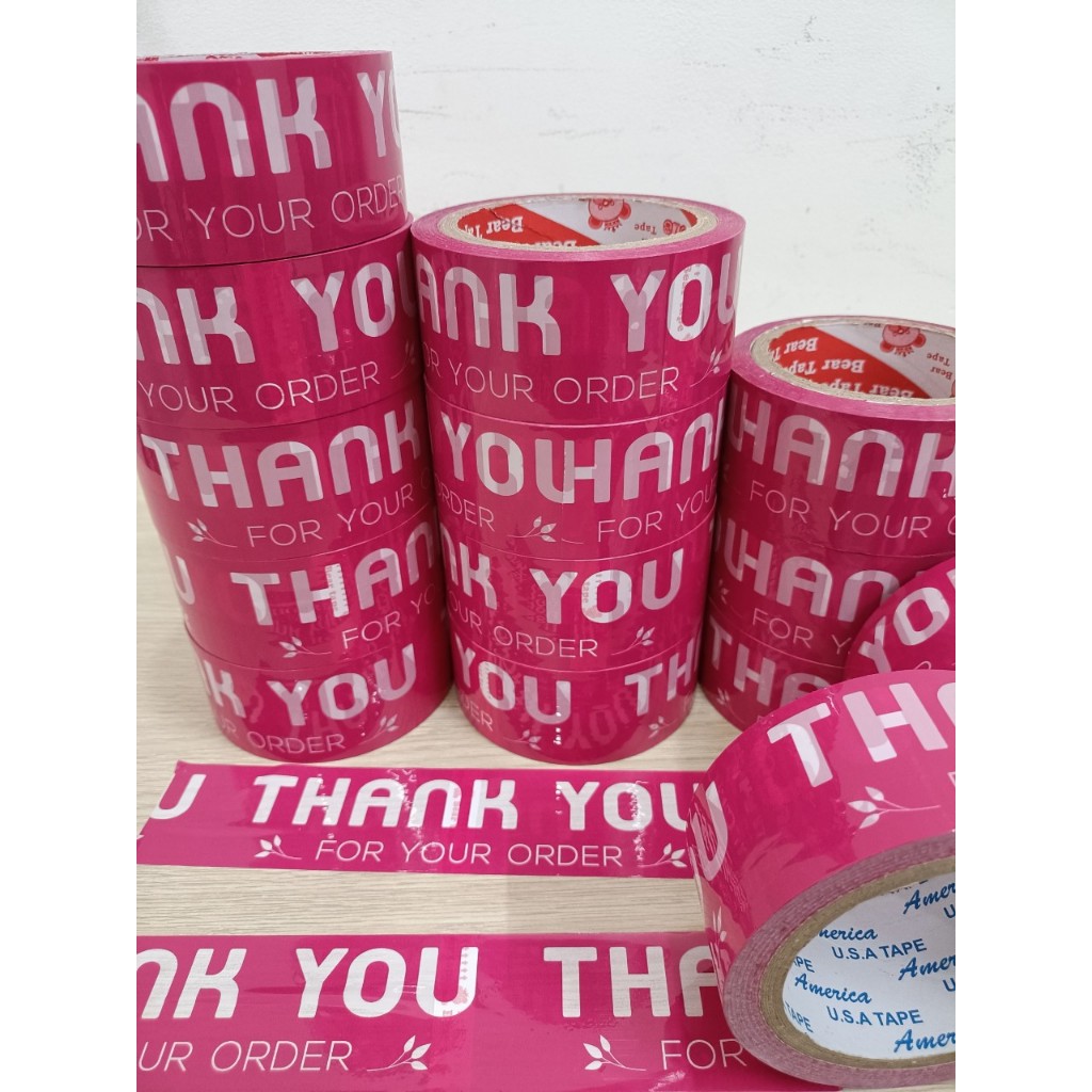 1 cây (6 cuộn) băng keo màu hồng gấu dâu  in chữ thank you, 48mm