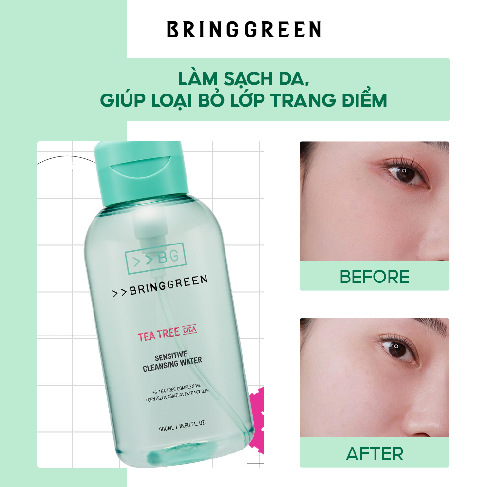 Nước Tẩy Trang Làm Dịu Da Chiết Xuất Từ Trà Xanh Bring Green Tea Tree Cica Sensitive Cleansing Water 500ml