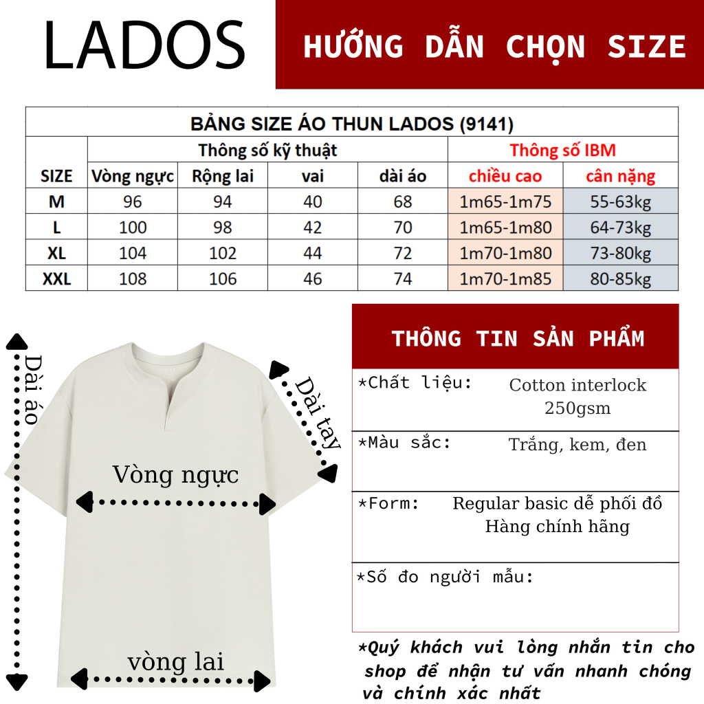 Áo thun tay ngắn cổ tròn xẻ V nam nữ cotton interlock 250gsm LADOS-9141 chất dày dặn, thấm hút, phong cách trẻ trung