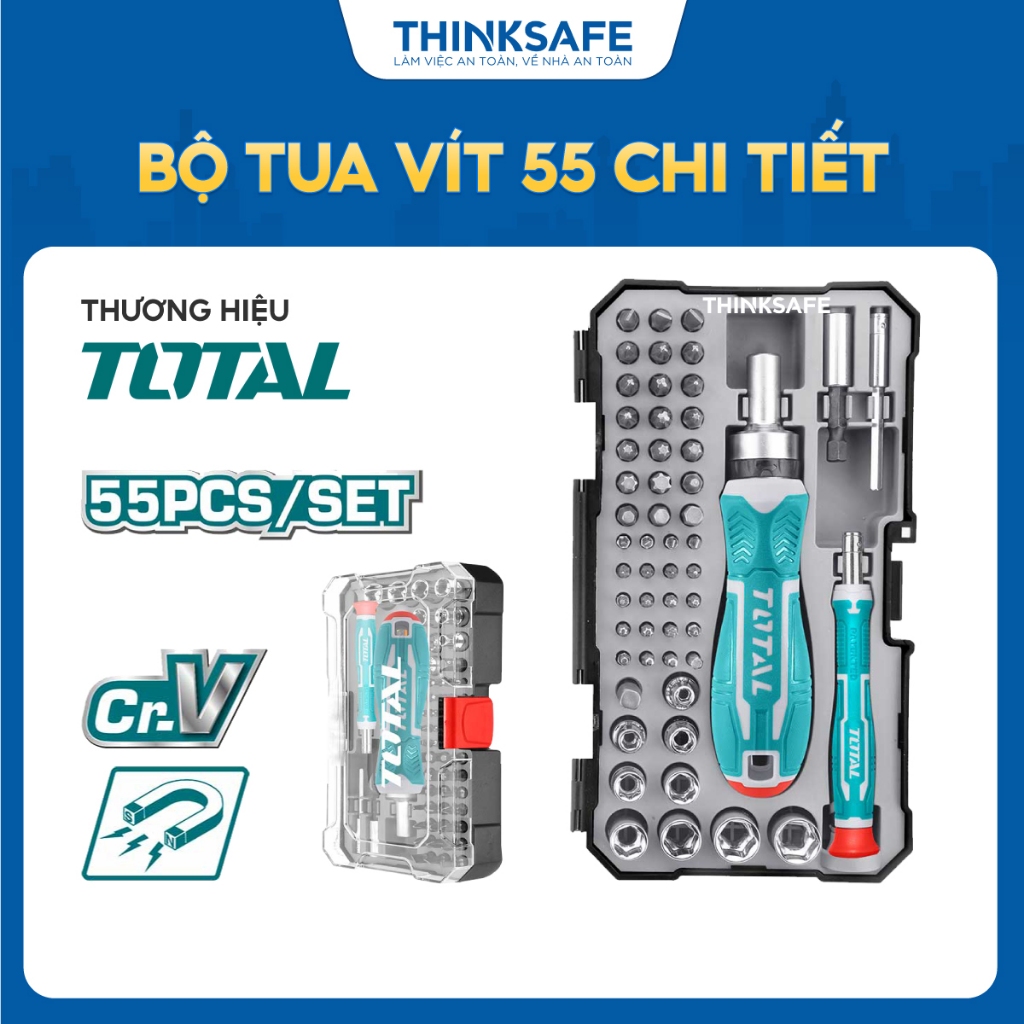 Bộ tua vít đa năng 55 chi tiết TOTAL TACSD30556 thép hợp kim chắc chắn, 41 mũi vít, 2 tay cầm Tua vít điện - THINKSAFE
