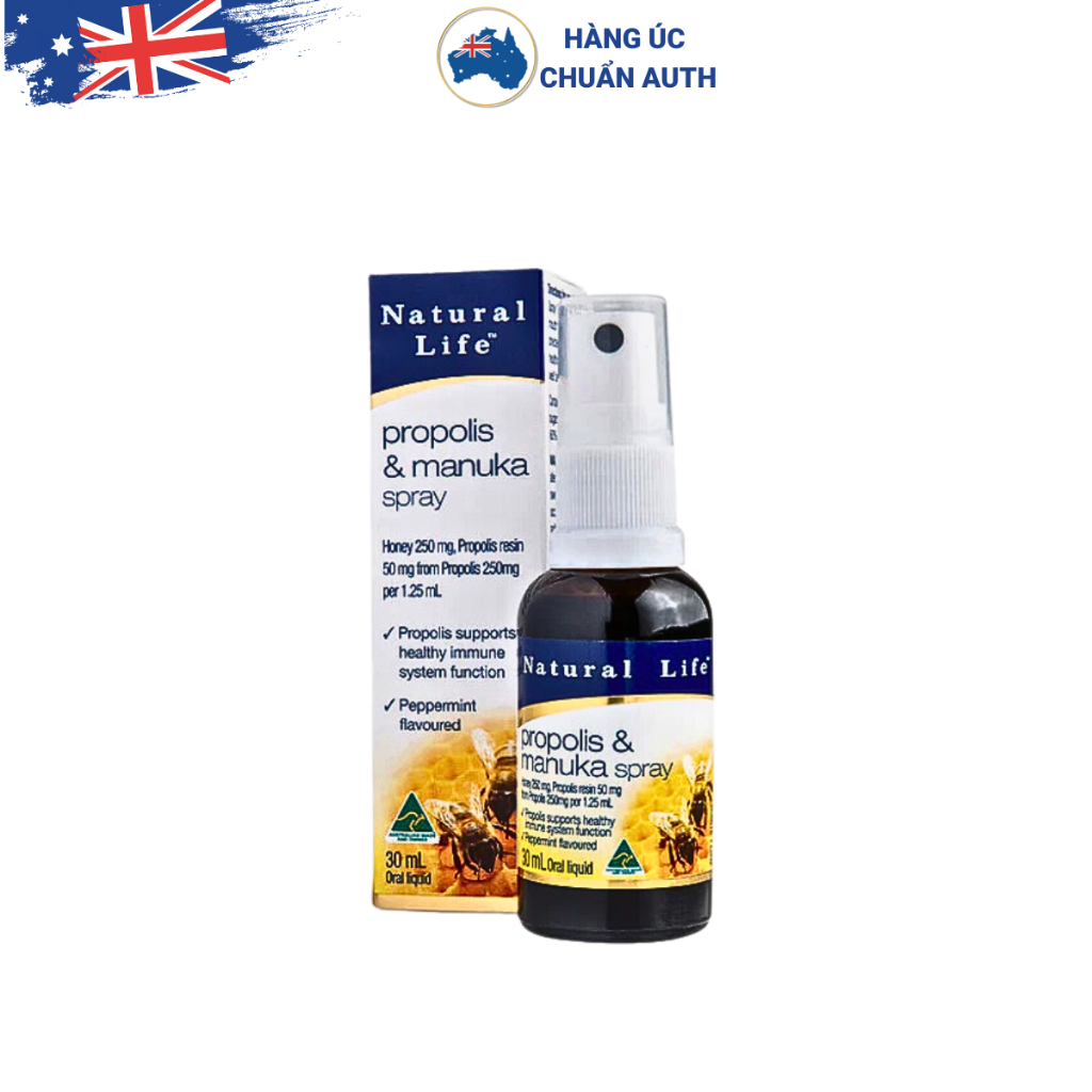 Xịt họng keo ong Natural Life Propolis & Manuka Honey Throat Spray 30ml của Úc