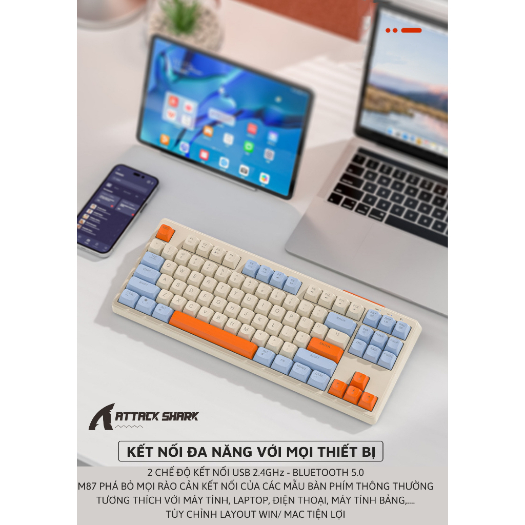 Bàn Phím Bluetooth Không Dây 3 Mode ATTACK SHARK M87 Layout 87 Phím, Gõ Êm Tắt Tiếng, Pin Sạc