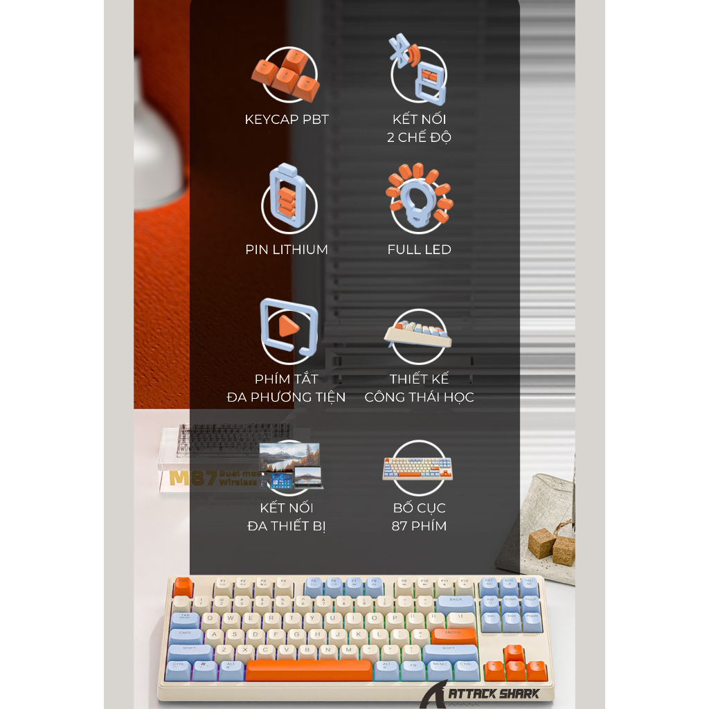 Bàn Phím Bluetooth Không Dây 3 Mode ATTACK SHARK M87 Layout 87 Phím, Gõ Êm Tắt Tiếng, Pin Sạc