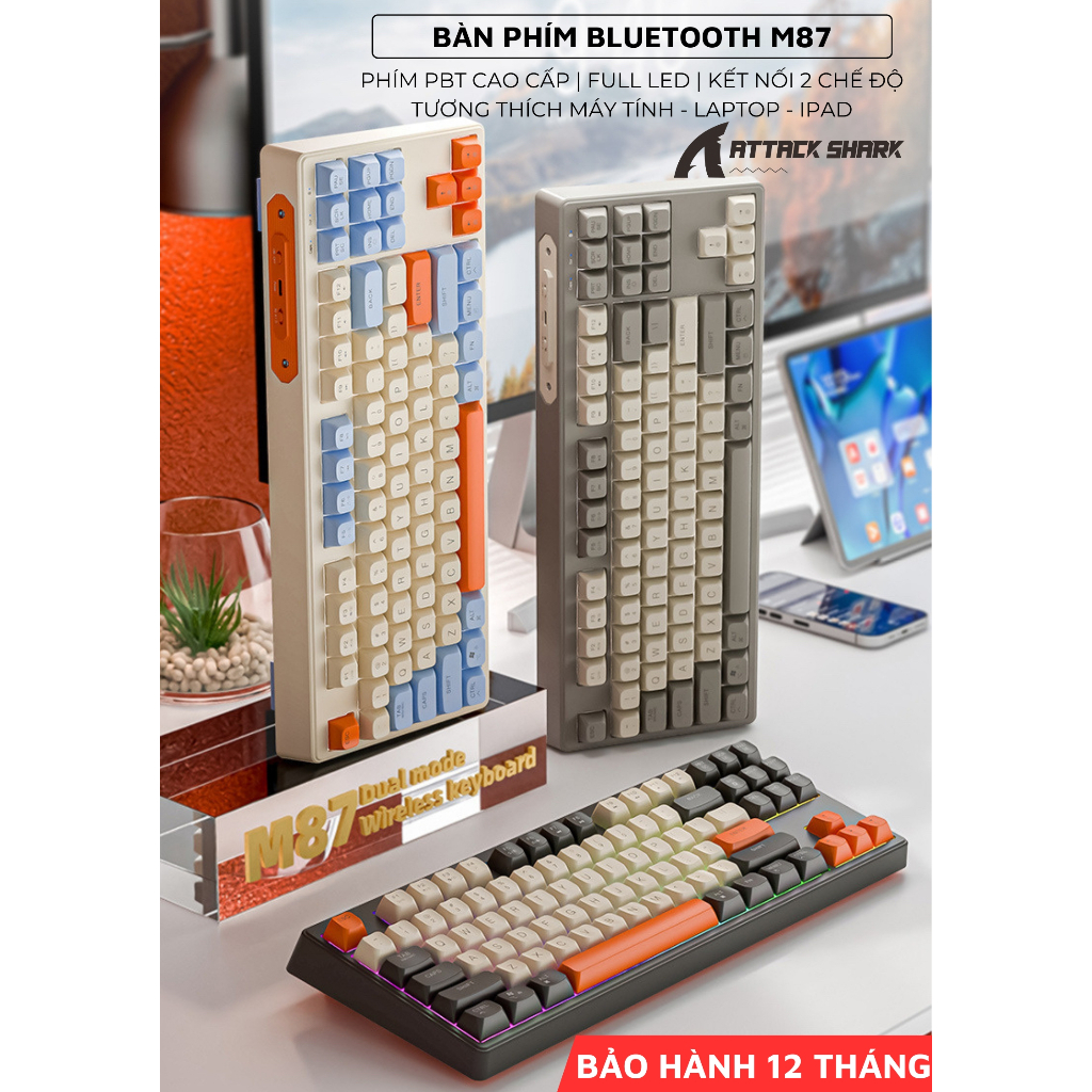 Bàn Phím Bluetooth Không Dây 3 Mode ATTACK SHARK M87 Layout 87 Phím, Gõ Êm Tắt Tiếng, Pin Sạc