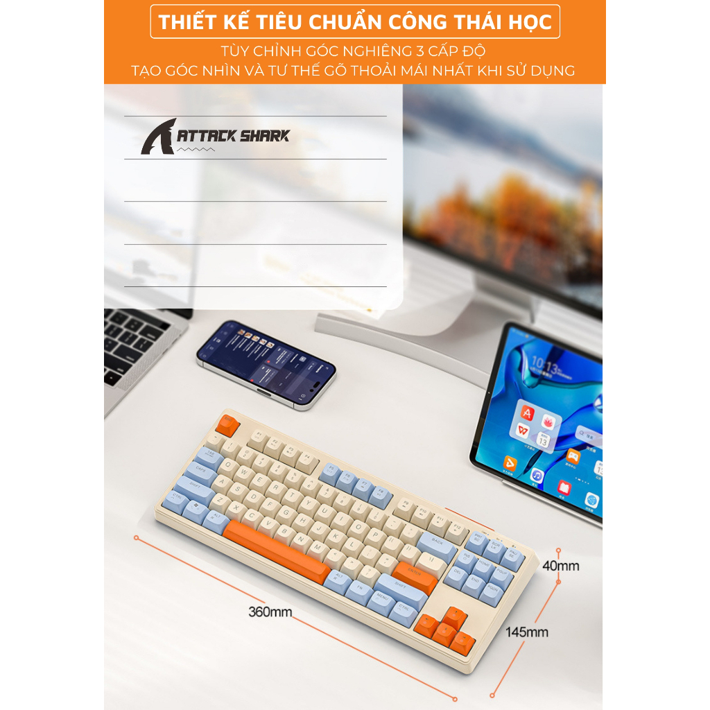 Bàn Phím Bluetooth Không Dây 3 Mode ATTACK SHARK M87 Layout 87 Phím, Gõ Êm Tắt Tiếng, Pin Sạc