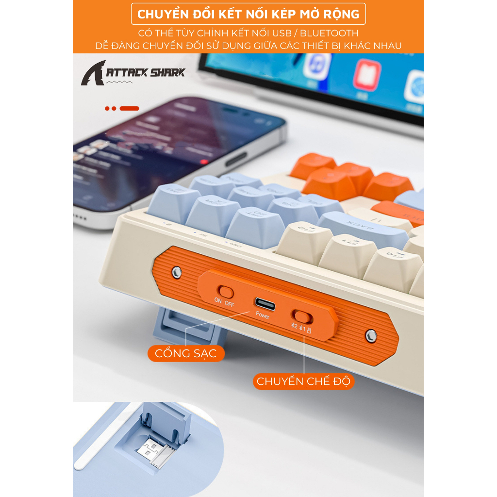 Bàn Phím Bluetooth Không Dây 3 Mode ATTACK SHARK M87 Layout 87 Phím, Gõ Êm Tắt Tiếng, Pin Sạc