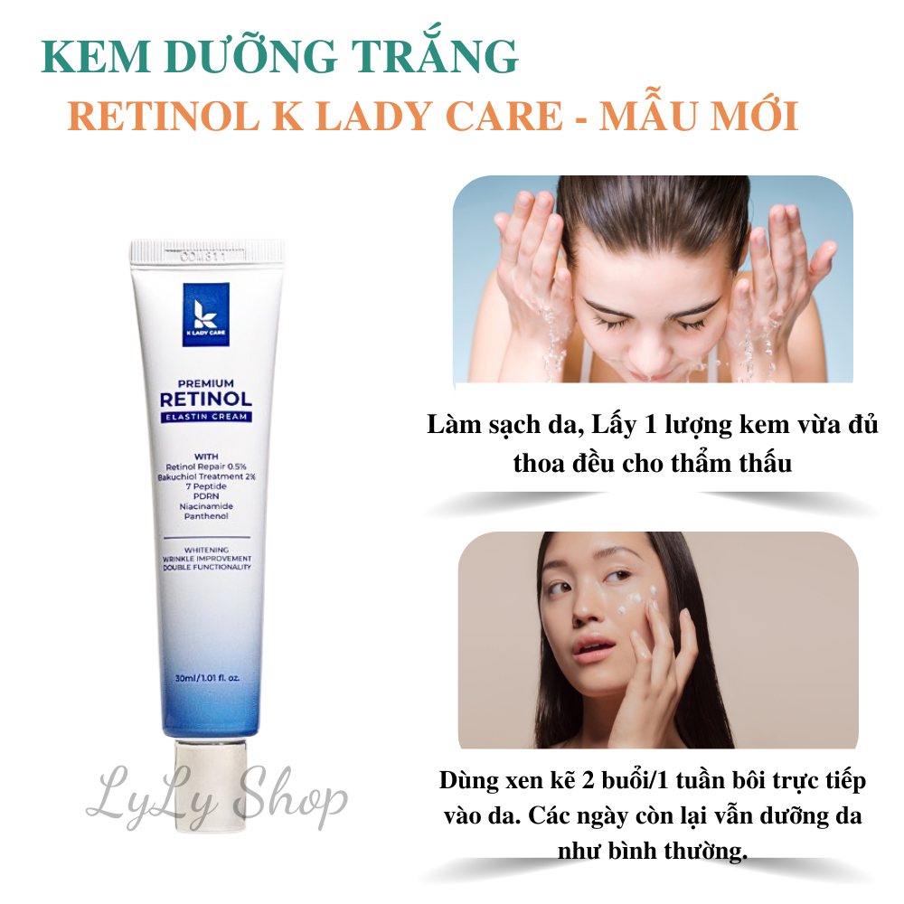 Kem Dưỡng Trắng Retinol K Lady Care Premium Elastin mẫu mới, Giúp trắng da, kiểm soát dầu nhờn, làm mờ thâm nám Lylyshop