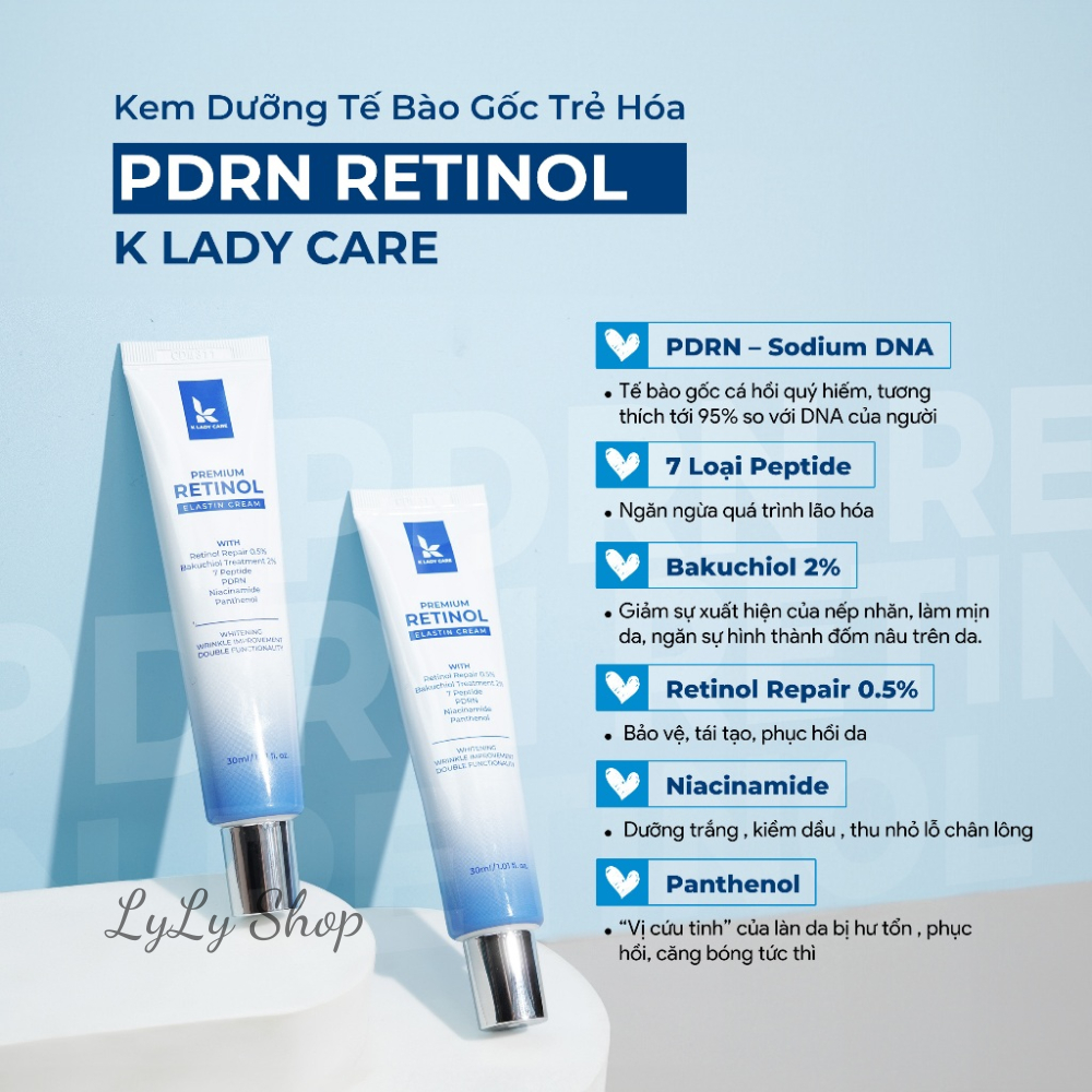 Kem Dưỡng Trắng Retinol K Lady Care Premium Elastin mẫu mới, Giúp trắng da, kiểm soát dầu nhờn, làm mờ thâm nám Lylyshop