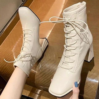 Giày bốt da bóng cổ cao buộc dây gót cao, giày boots