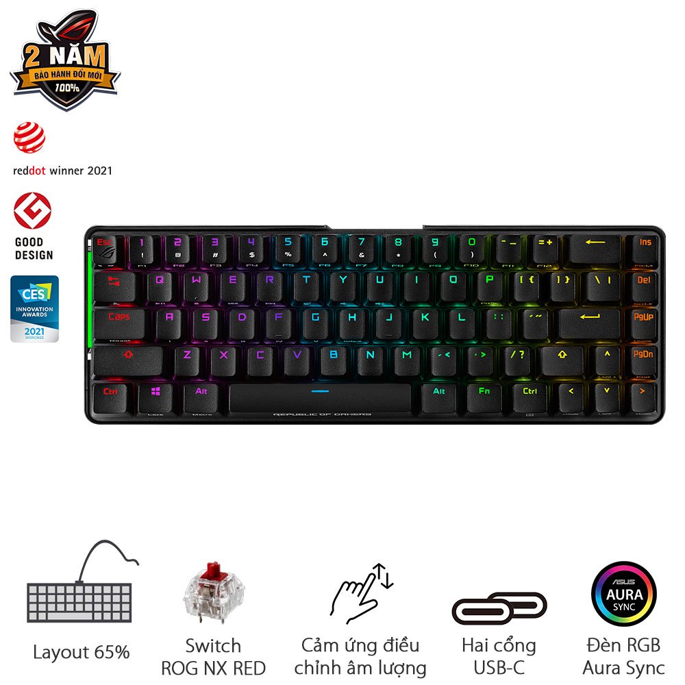 Bàn phím cơ gaming không dây ASUS ROG FALCHION, kích thước 65% với 68 phím, ROG NX switch độc quyền RED/ BLUE