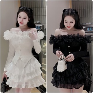 Sét váy đen bèo áo bo tăm trễ vai + chân váy von bèo 3 tầng