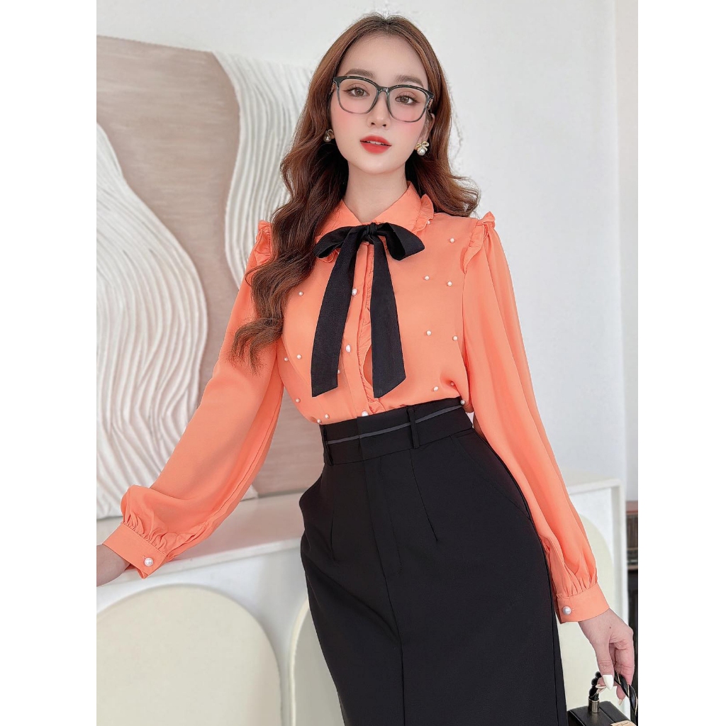 Áo sơ mi nữ tay dài đính ngọc kèm nơ màu xinh xắn CHUU A9439
