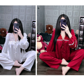 Đồ bộ tiểu thư viền bông bi, kết hợp tay bo viền ren, dáng babydoll, chất liệu Latin siêu xinh Freesize