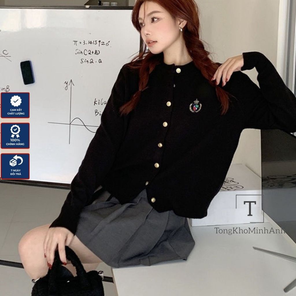 Áo Cardigan Len Dệt Kim Mỏng Cổ Tròn Dài Tay Dáng Ôm Vừa Người Hàng Qccc Phối In LG AB Ngực Phong Cách Hàn Quốc Tongkhom