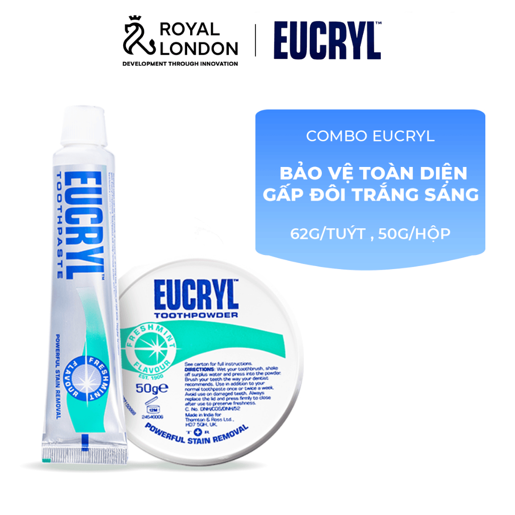 [Chỉ còn 60.9K sau khi áp voucher] Combo Kem đánh răng Eucryl 62g + Bột tẩy trắng răng Eucryl 50g