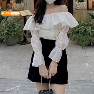 Áo sơ mi trễ vai Goness hai lớp tay dài phồng đẹp sang trọng thời trang Hàn Quốc A13