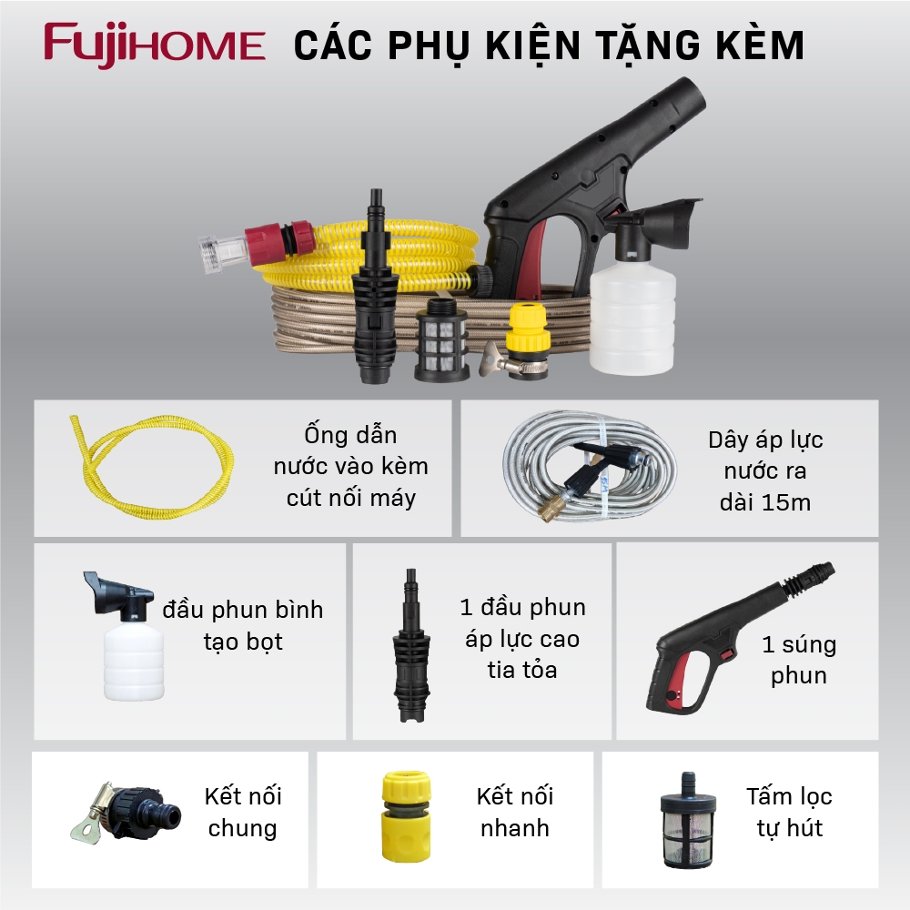 Máy rửa xe nhập khẩu FUJIHOME PWX1A mô tơ cảm từ - Áp lực nước 130bar - Công nghệ Nhật Bản - Bảo hành 18 tháng