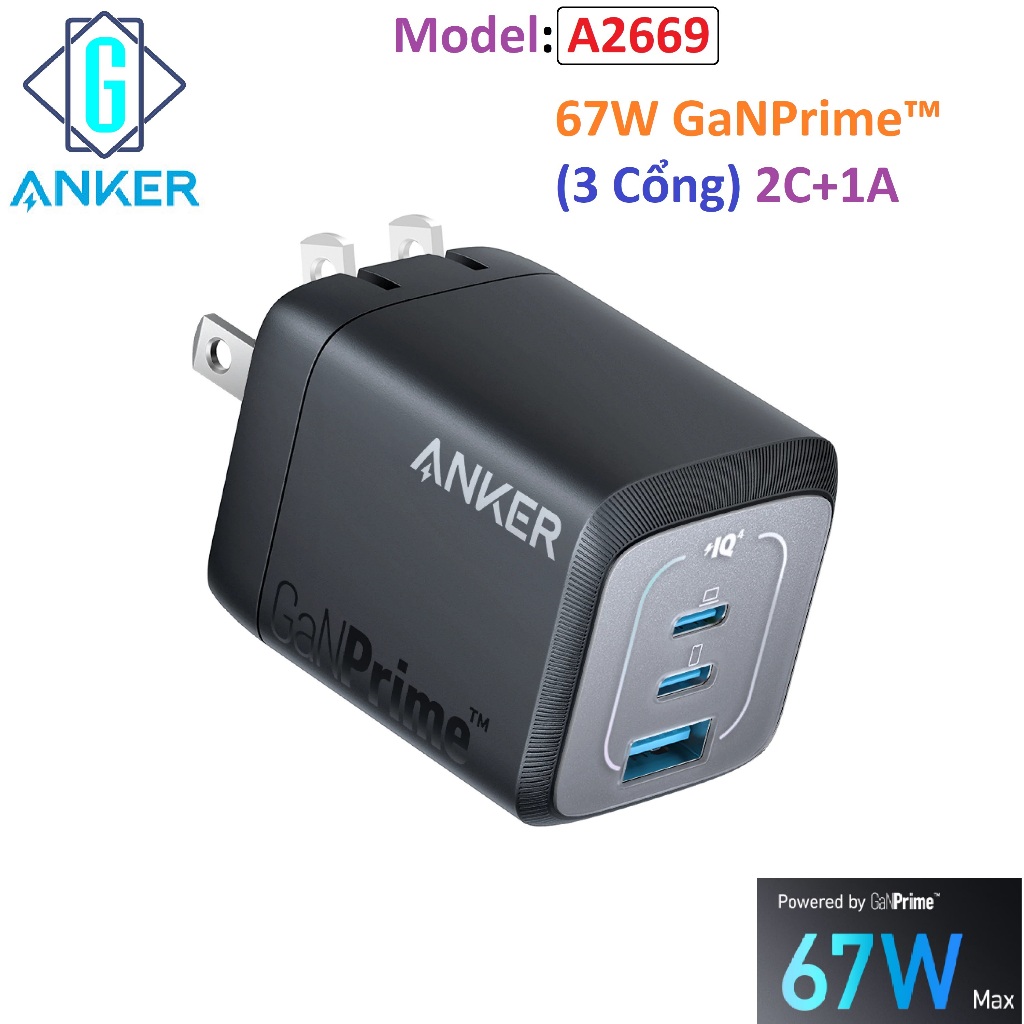 Củ Sạc Anker Prime 67W GaN Wall Charger A2669 3 Cổng 2 USB-C PD và 1 USB-A | IQ 4.0 PPS 2.0- Hàng Chính Hãng