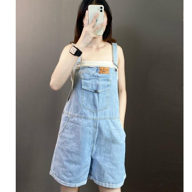 Yếm Jean Đùi Trơn Ống Suông Rộng,Quần Yếm Bò 2 dây mạc da